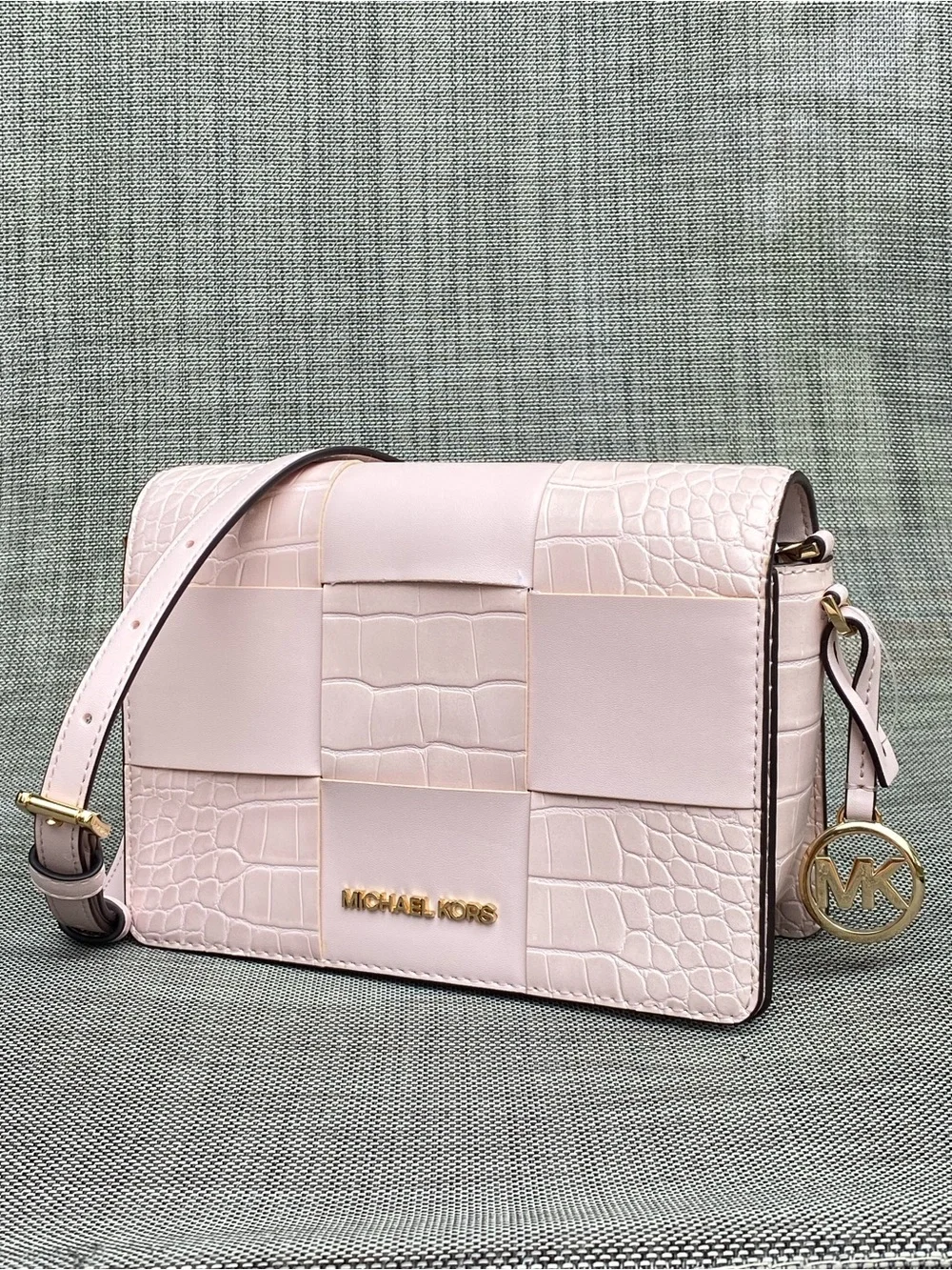Michael Kors Mercer powder blush Woven Croc-Embossed Leather Crossbody